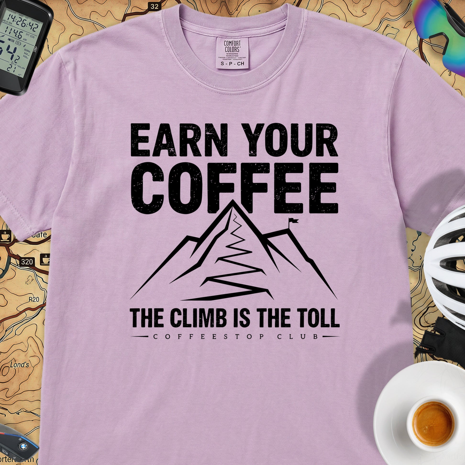 Earn Your Coffee Cycling T-Shirt — Orchid