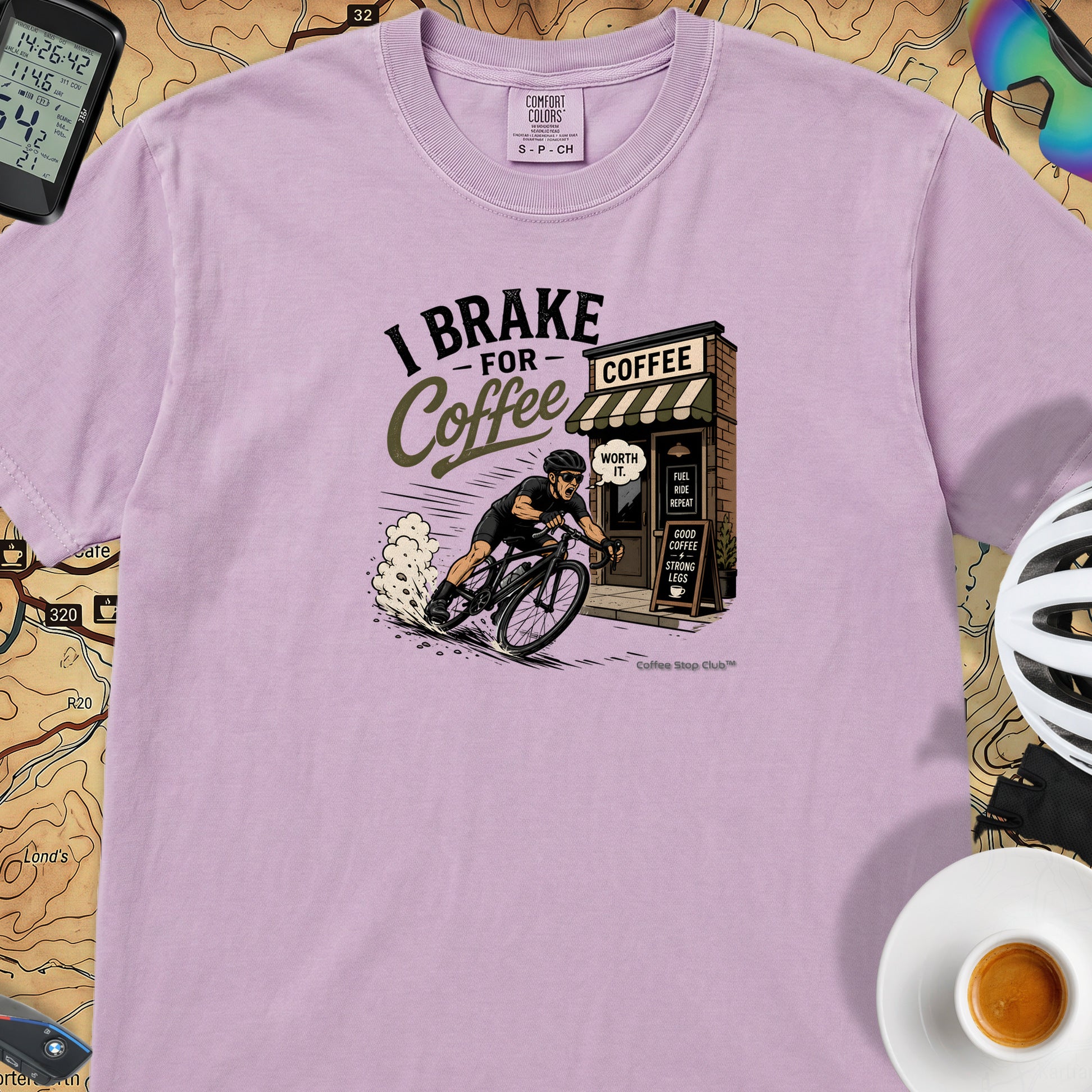 I Brake For Coffee T-Shirt — Orchid