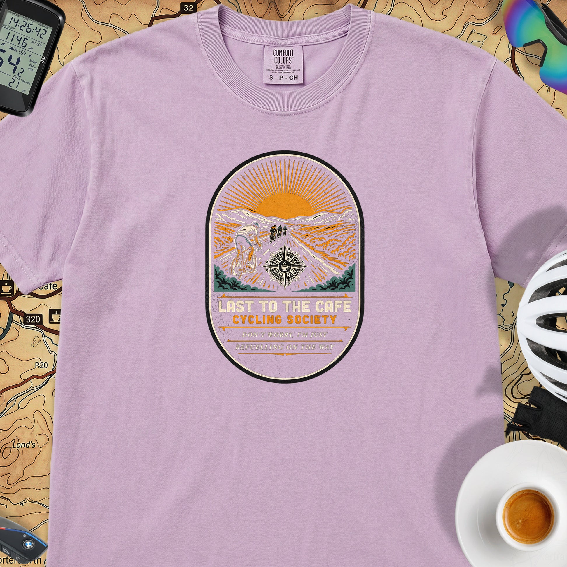 Last to the Café Cyclist T-Shirt — Orchid