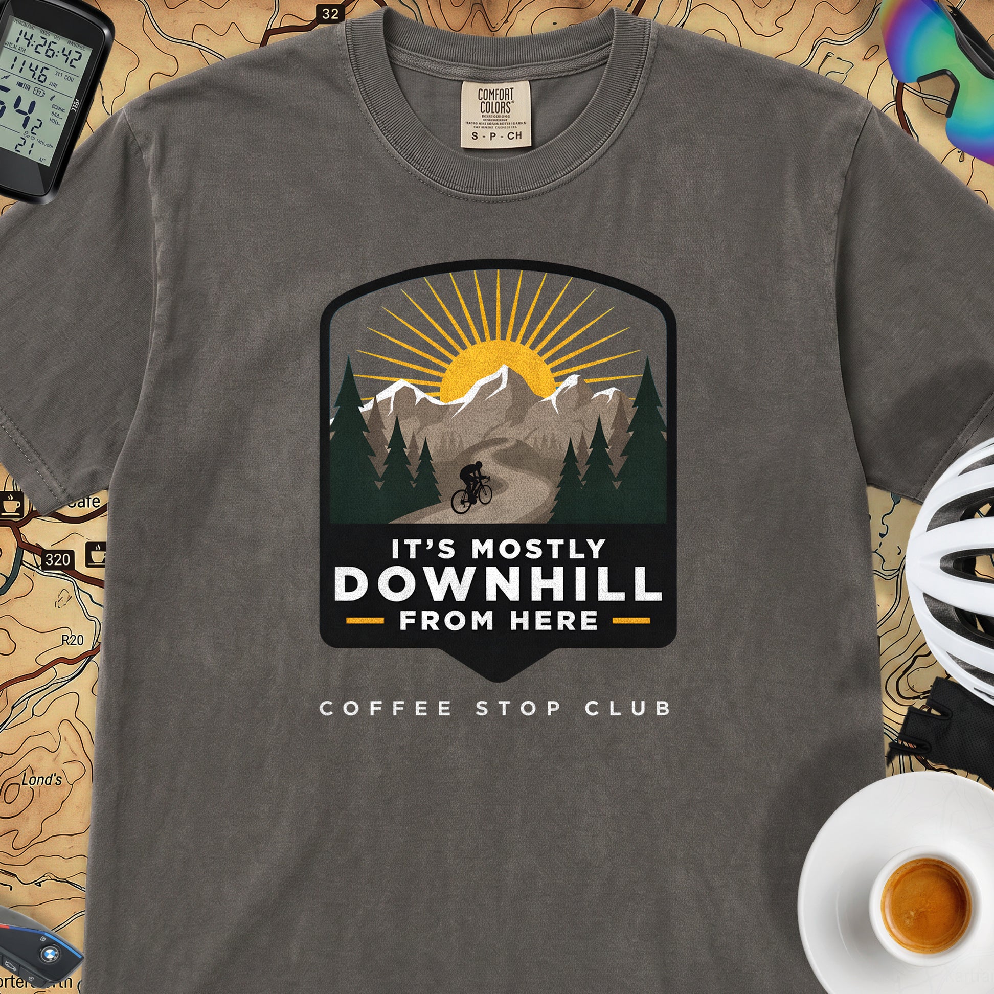 It's Mostly Downhill From Here Cycling T-Shirt — Pepper
