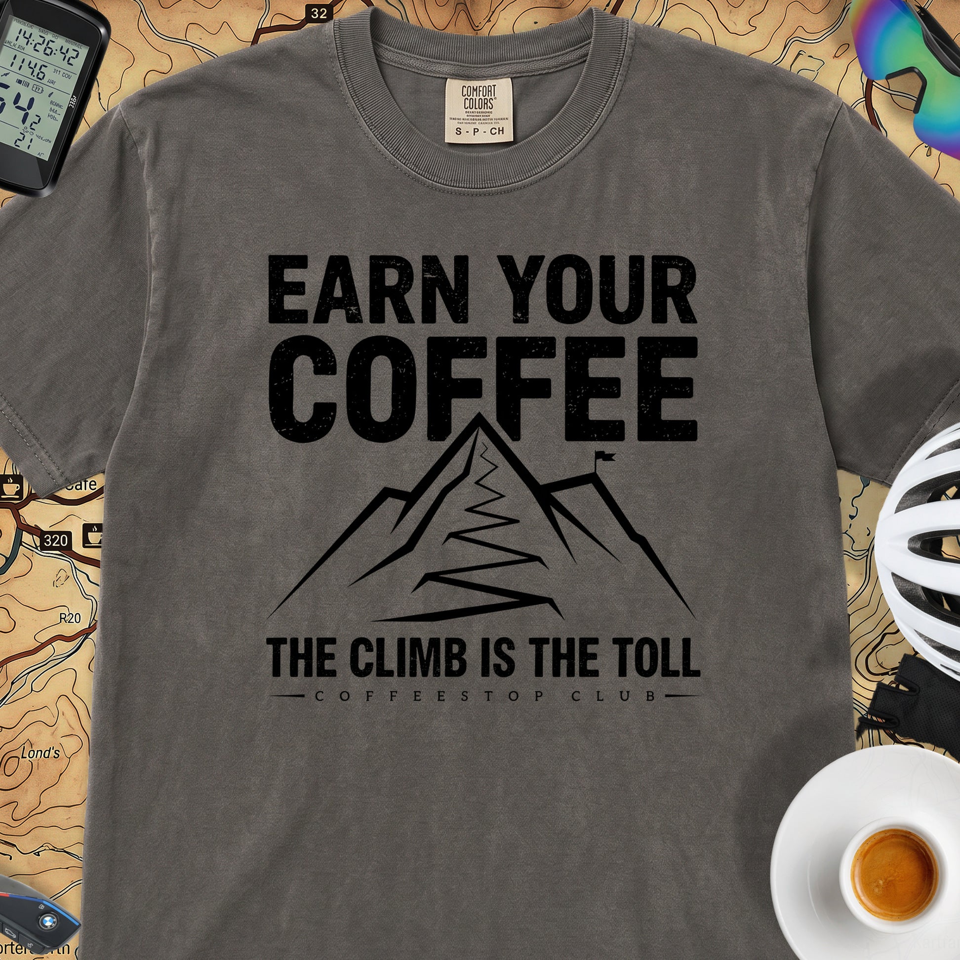 Earn Your Coffee Cycling T-Shirt — Pepper