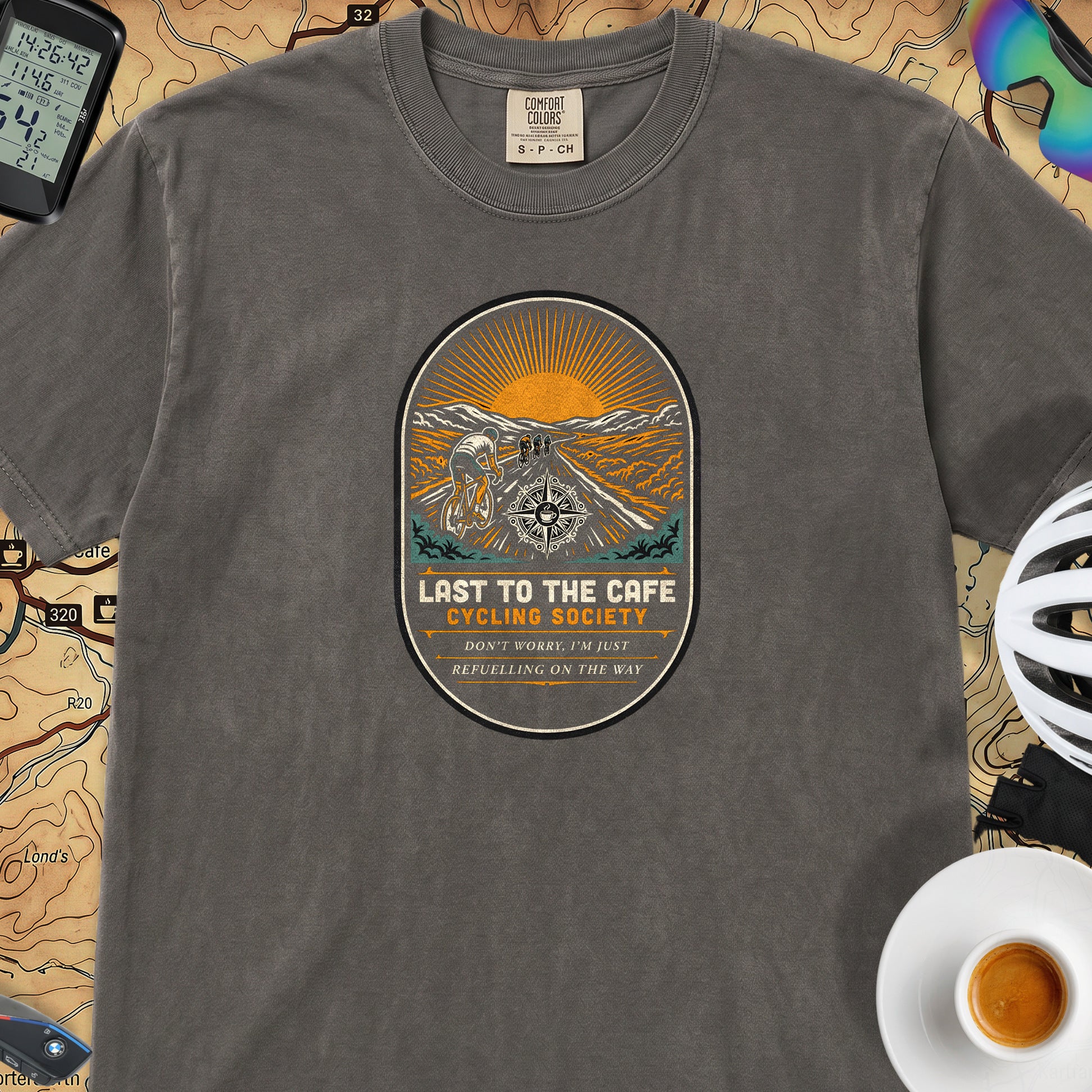 Last to the Café Cyclist T-Shirt — Pepper