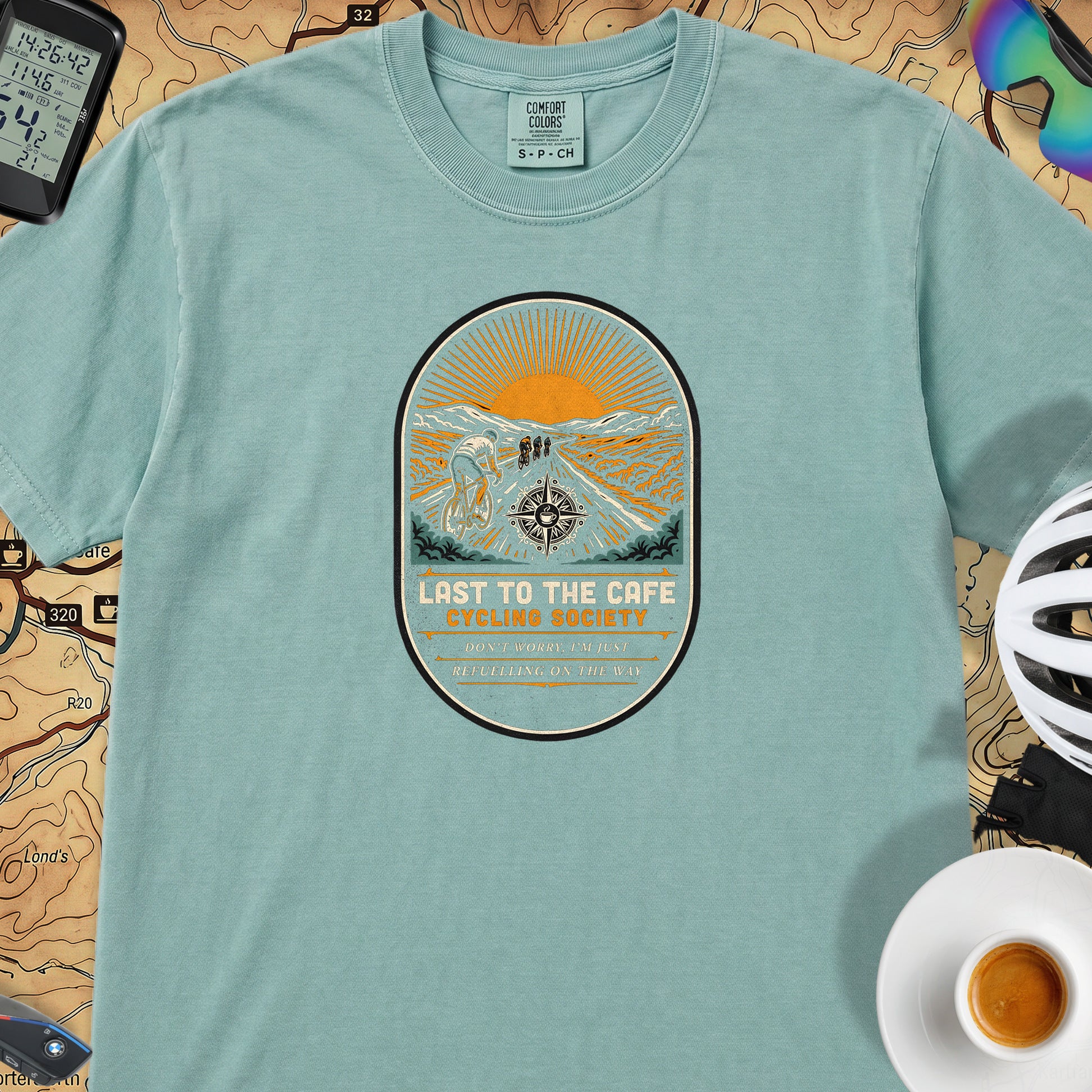 Last to the Café Cyclist T-Shirt — Seafoam
