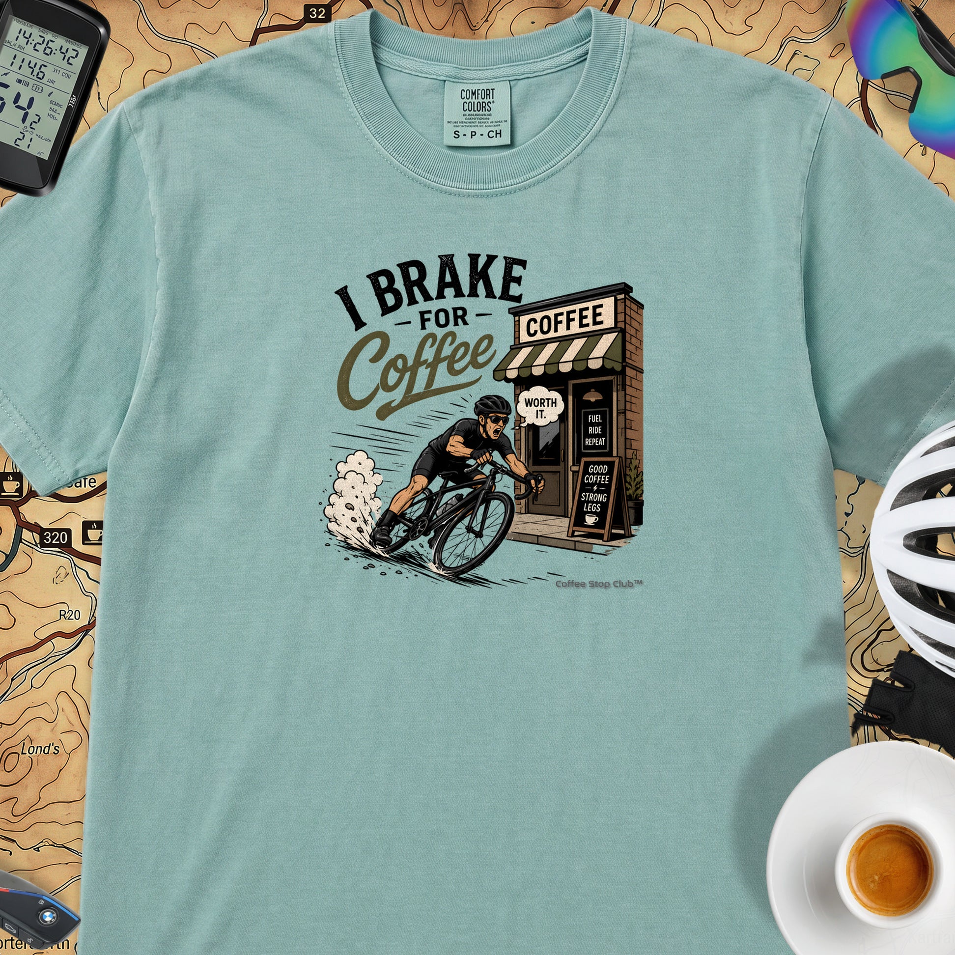 I Brake For Coffee T-Shirt — Seafoam