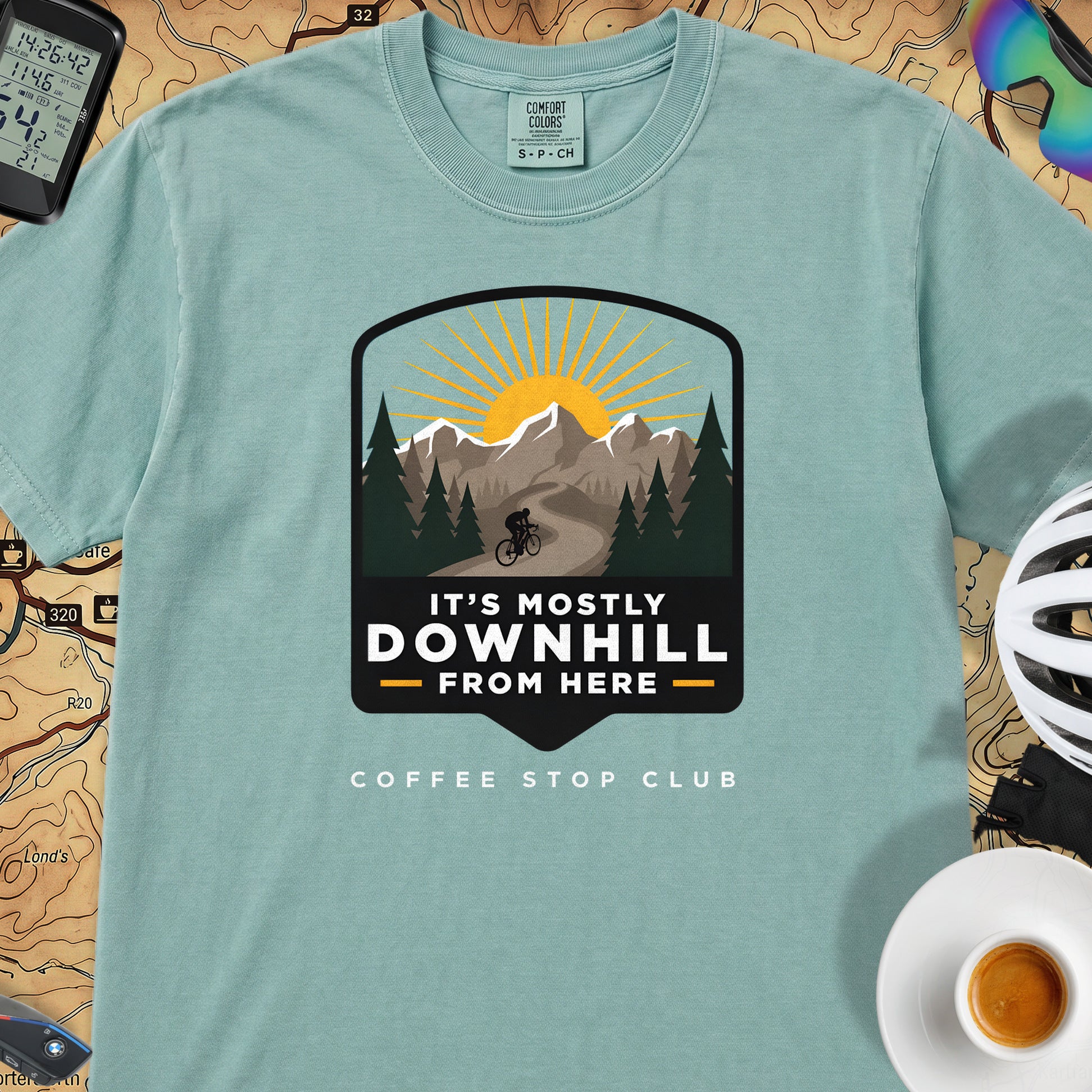 It's Mostly Downhill From Here Cycling T-Shirt — Seafoam