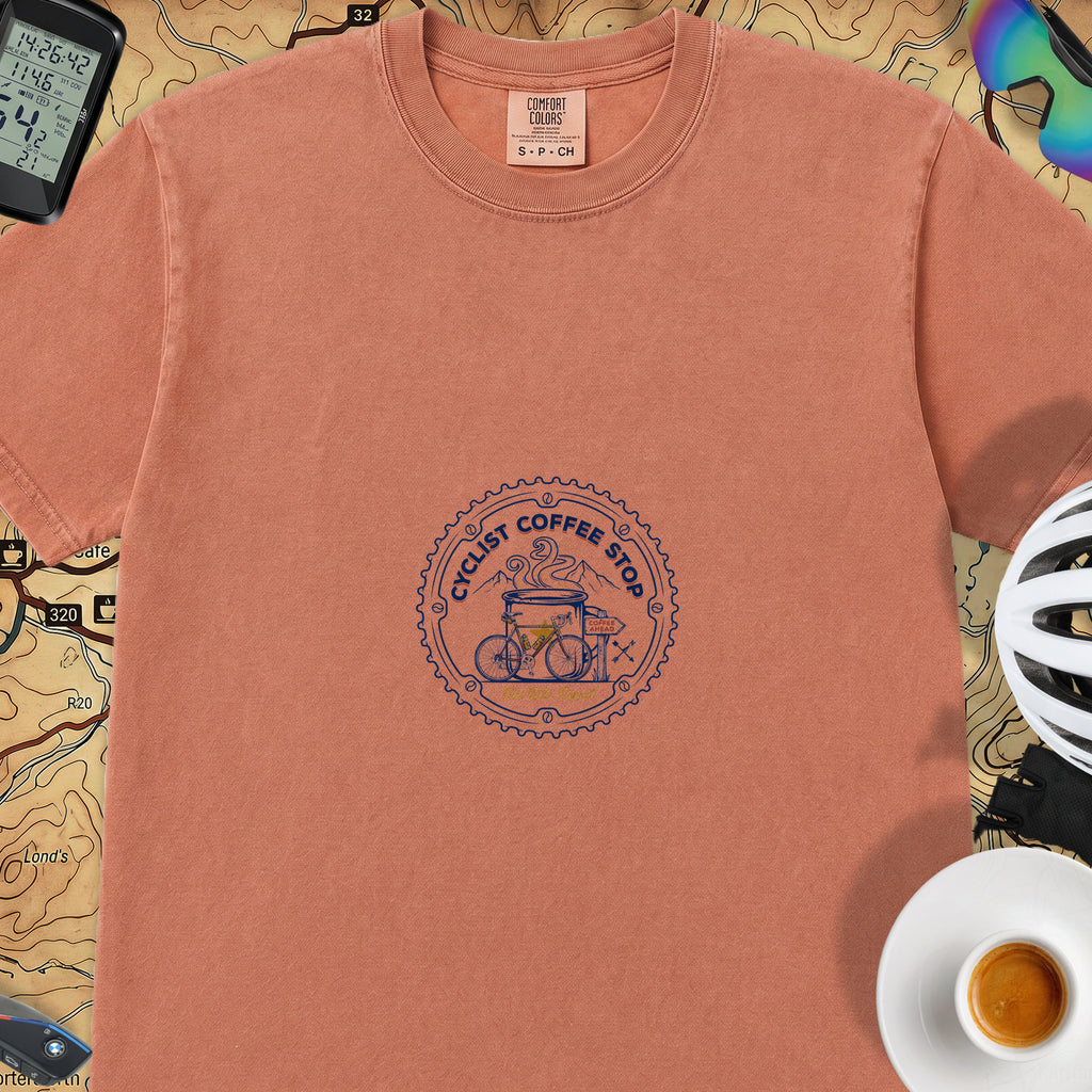 Cyclist Coffee Shop T-Shirt — Terracotta