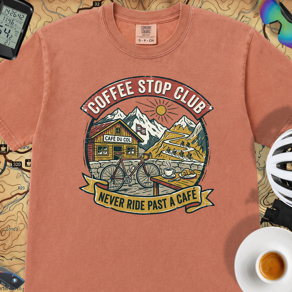 Never Pass a Café T‑Shirt — Terracotta