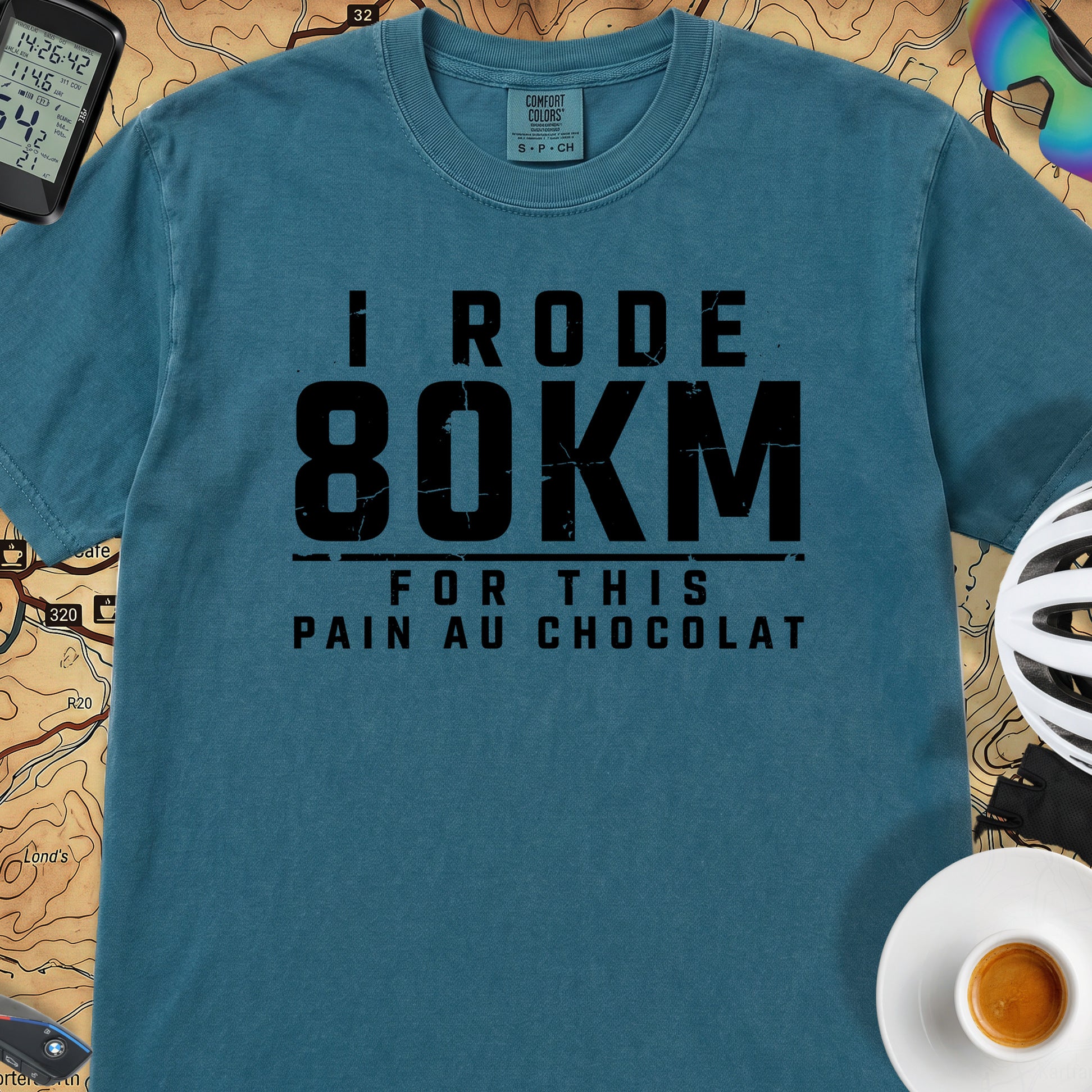 I Rode 800km For a Pain au Chocolat T‑Shirt — Topaz Blue