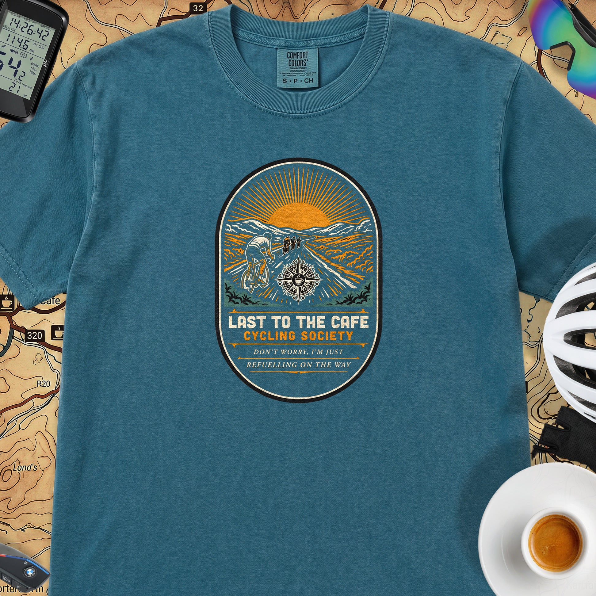 Last to the Café Cyclist T-Shirt — Topaz Blue