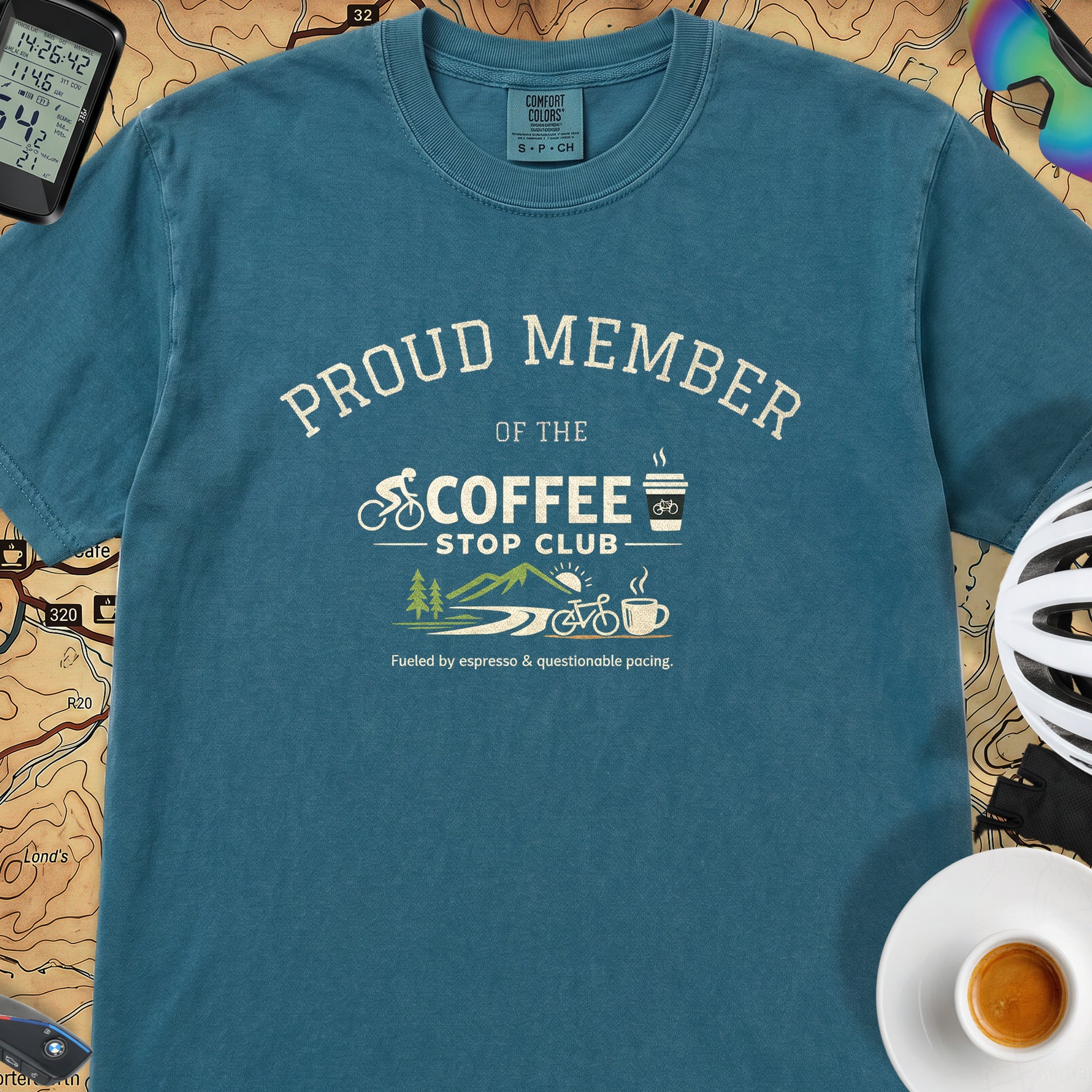  Proud Member Coffee Stop Club T-Shirt — Topaz Blue
