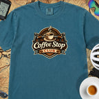Vintage Coffee Stop Club T‑Shirt — Topaz Blue