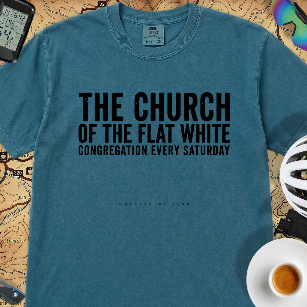 Church of the Flat White T‑Shirt — Topaz Blue