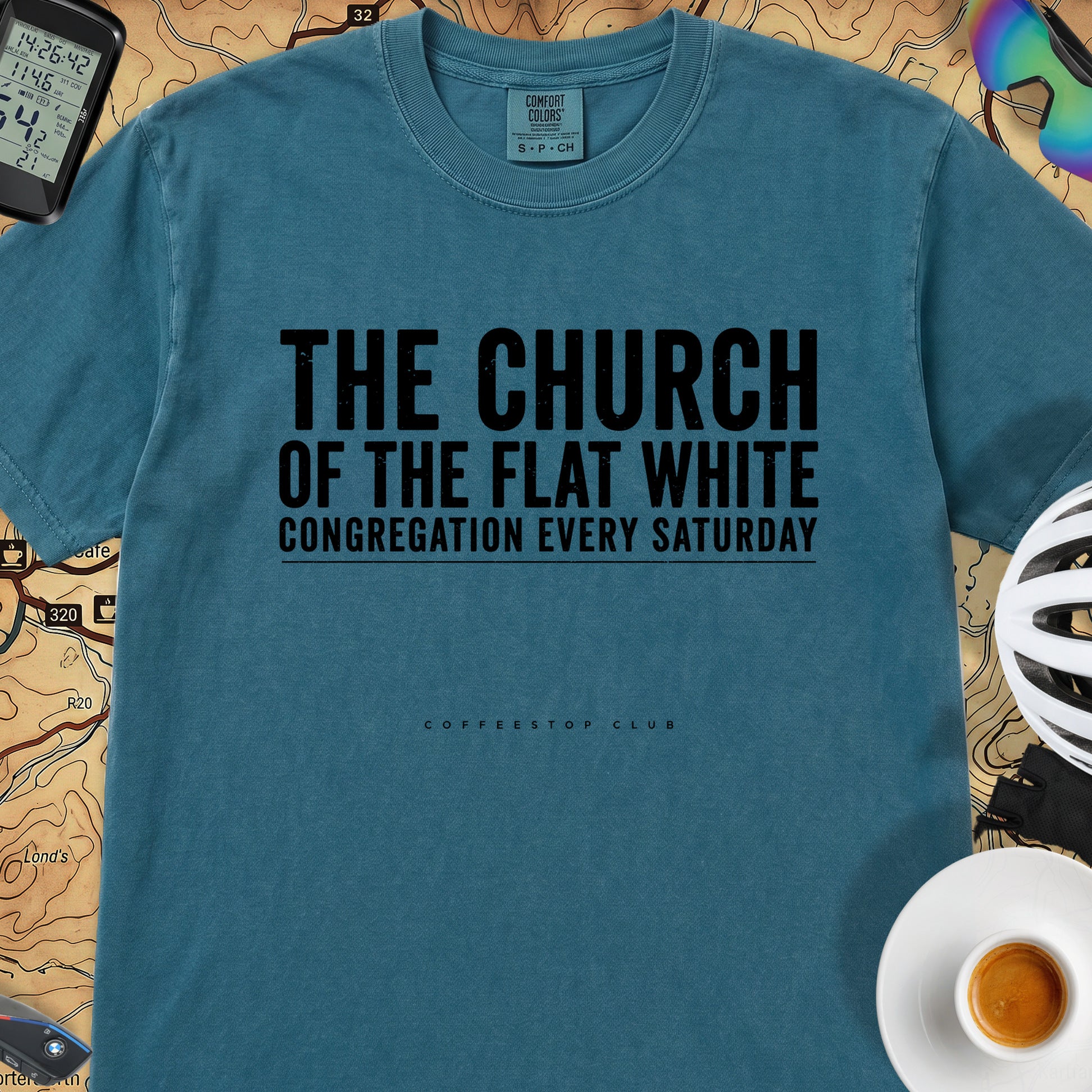 Church of the Flat White T‑Shirt — Topaz Blue