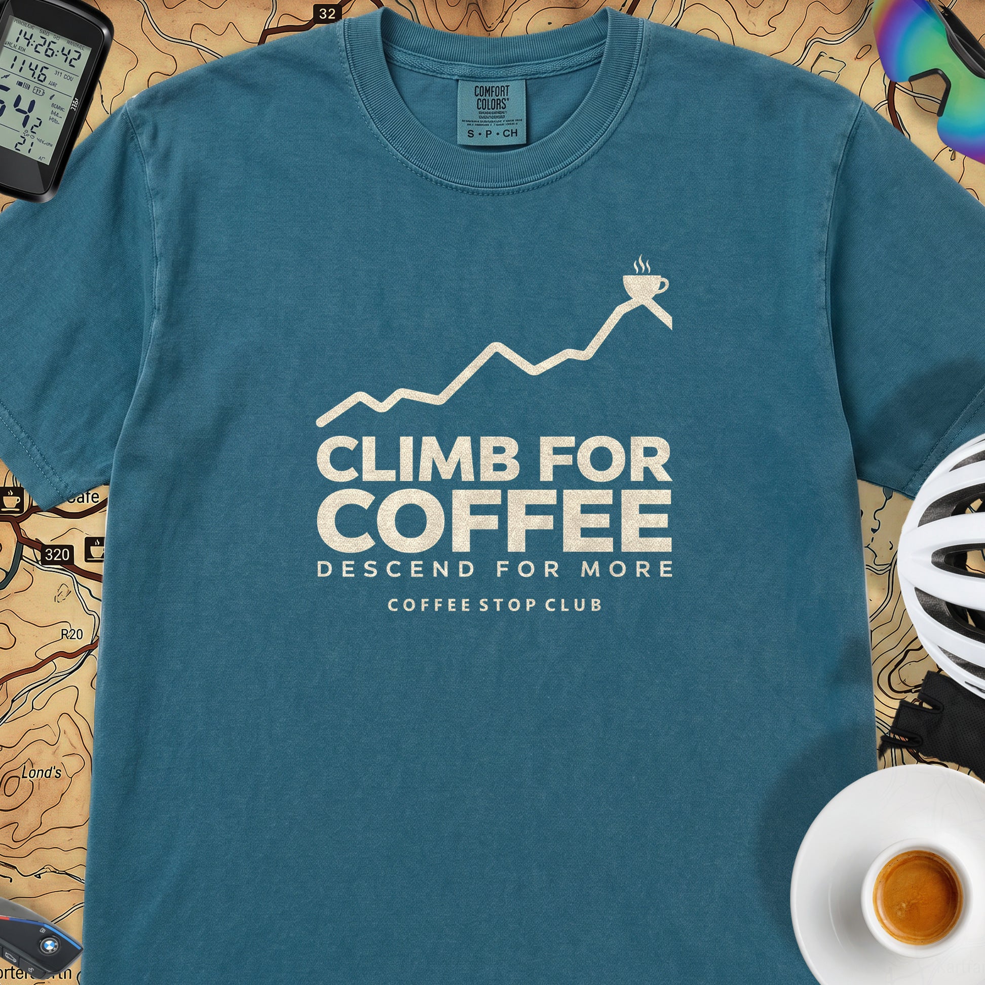 Climb For Coffee T‑Shirt — Topaz Blue