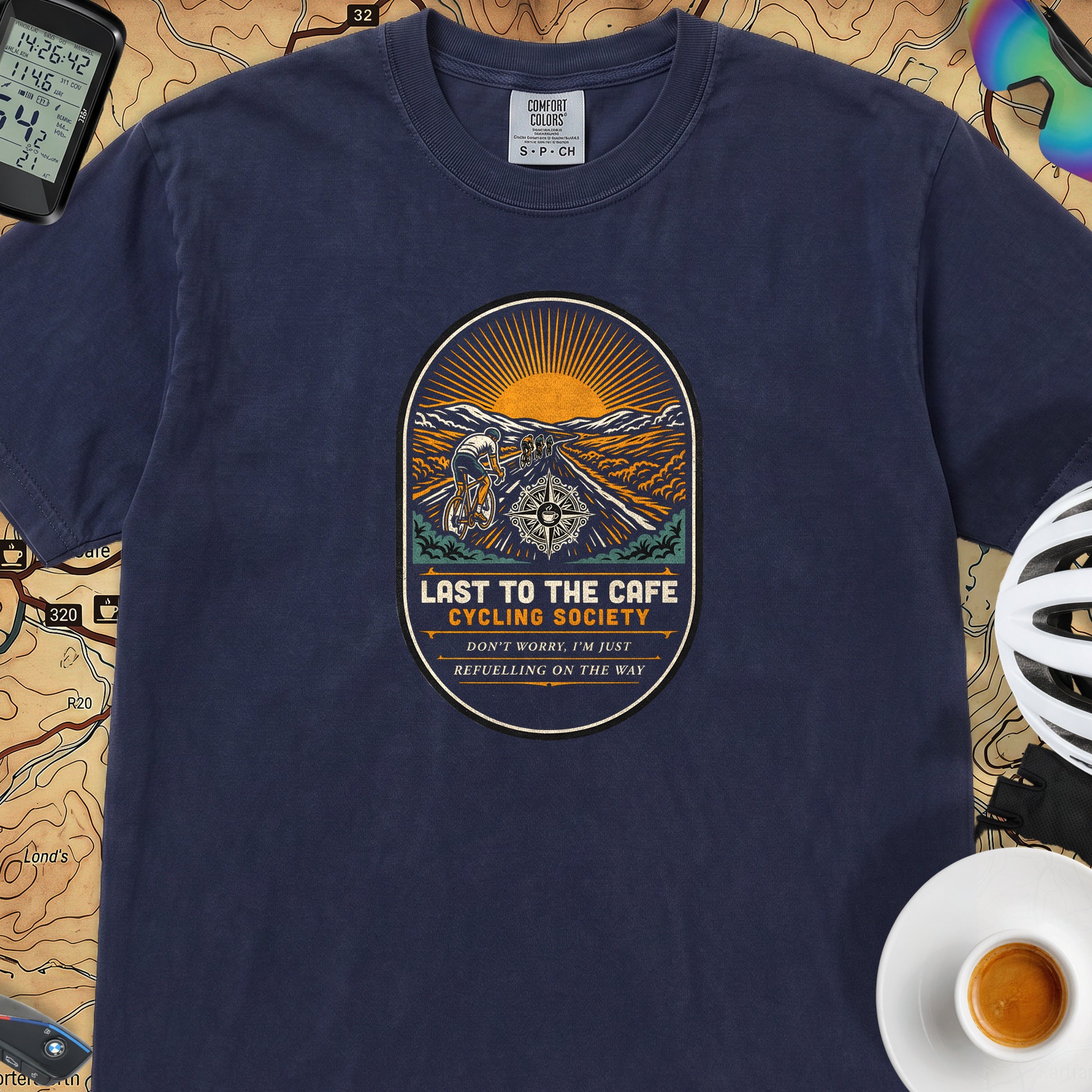 Last to the Café Cyclist T-Shirt — True Navy