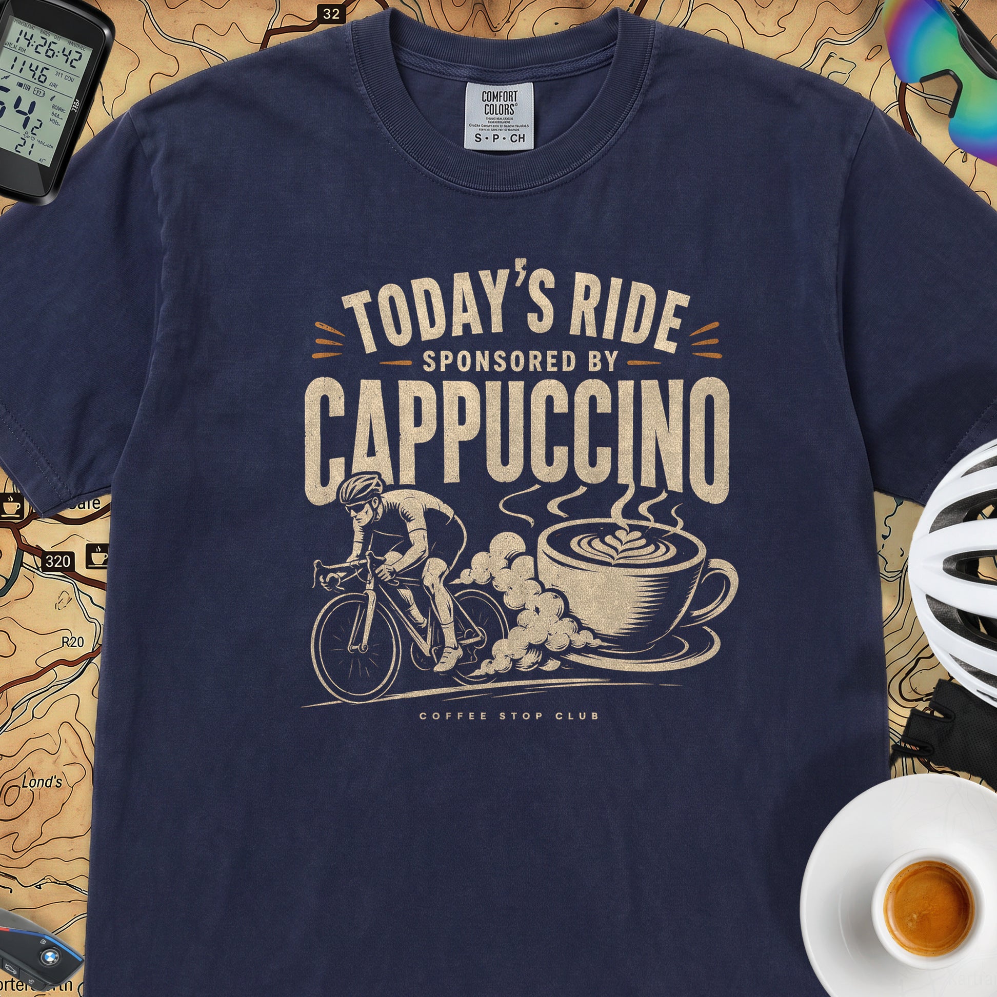 Sponsored by Cappuccino Cycling T-shirt — True Navy