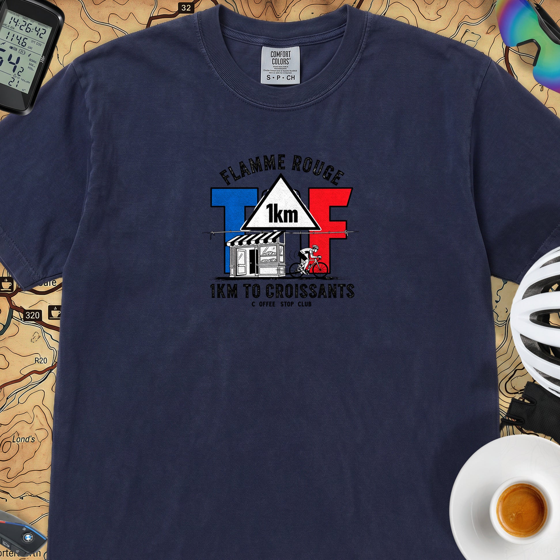 1km to the Croissants TdF Cycling T-Shirt — True Navy
