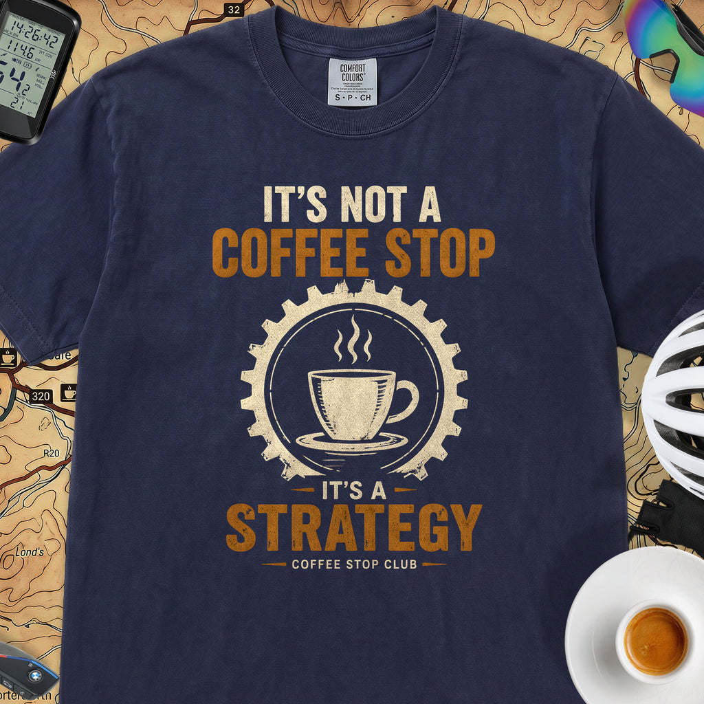 Coffee Stop Strategy Cycling T-Shirt — True Navy