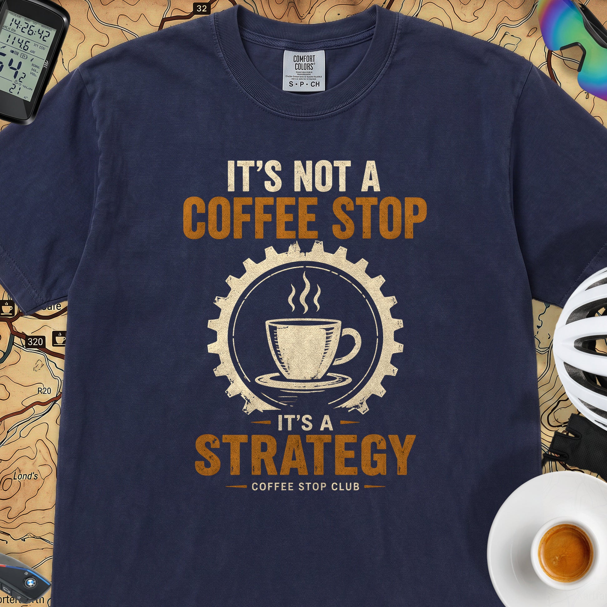 Coffee Stop Strategy Cycling T-Shirt — True Navy