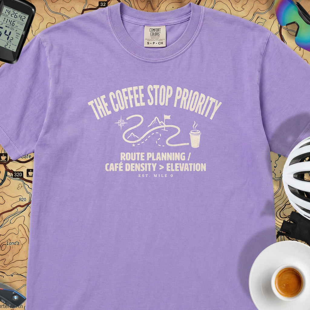 Coffee Stop Priority Cyclist T-Shirt — Violet