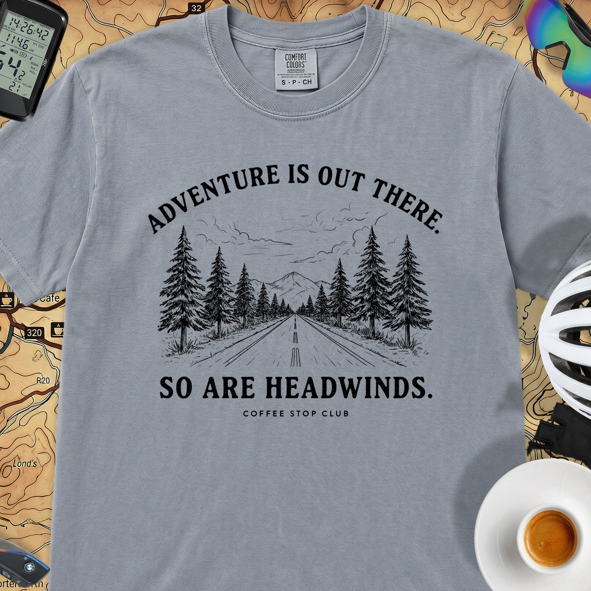 Adventure Is Out There Cycling T-Shirt — Washed Denim