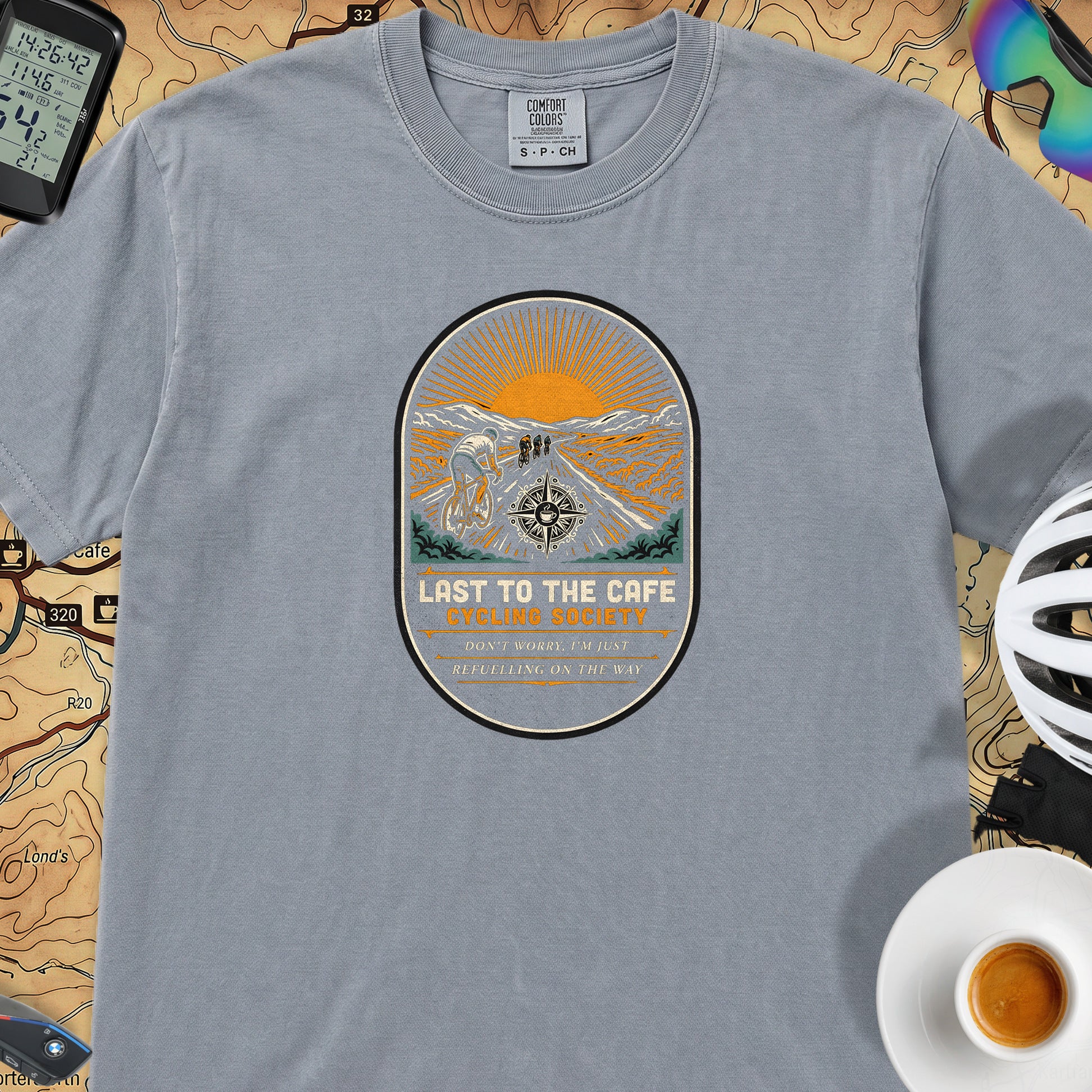 Last to the Café Cyclist T-Shirt — Washed Denim