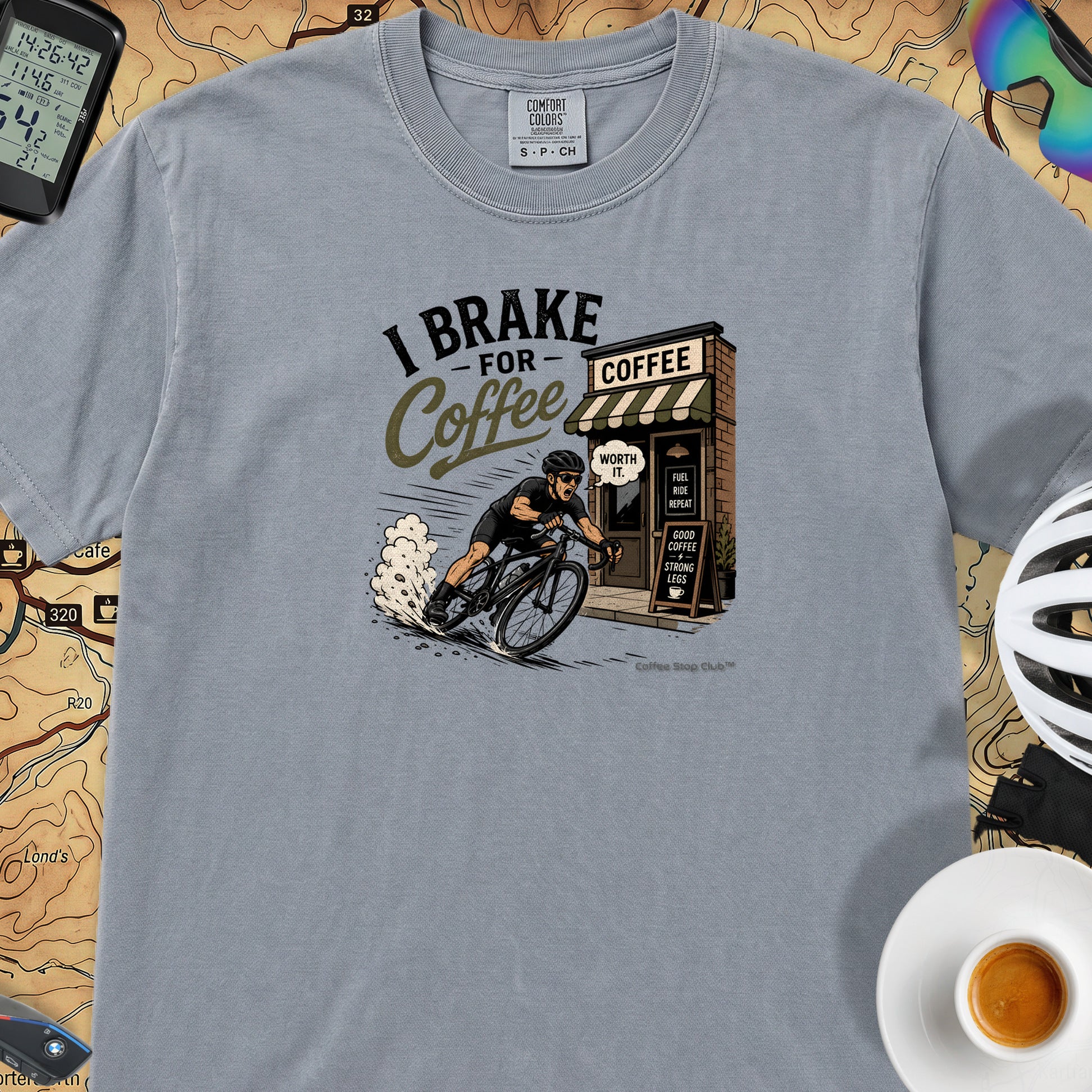 I Brake For Coffee T-Shirt — Washed Denim