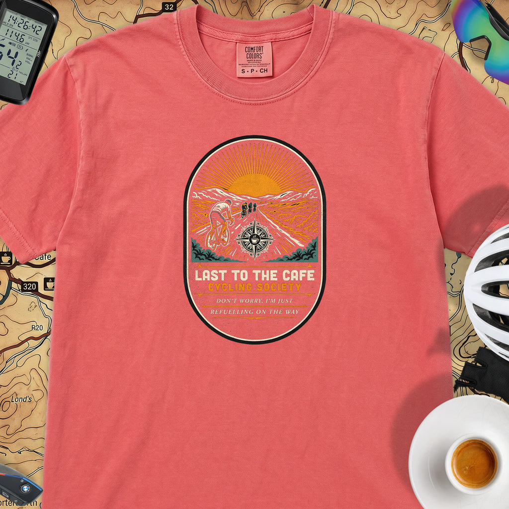Last to the Café Cyclist T-Shirt — Watermelon
