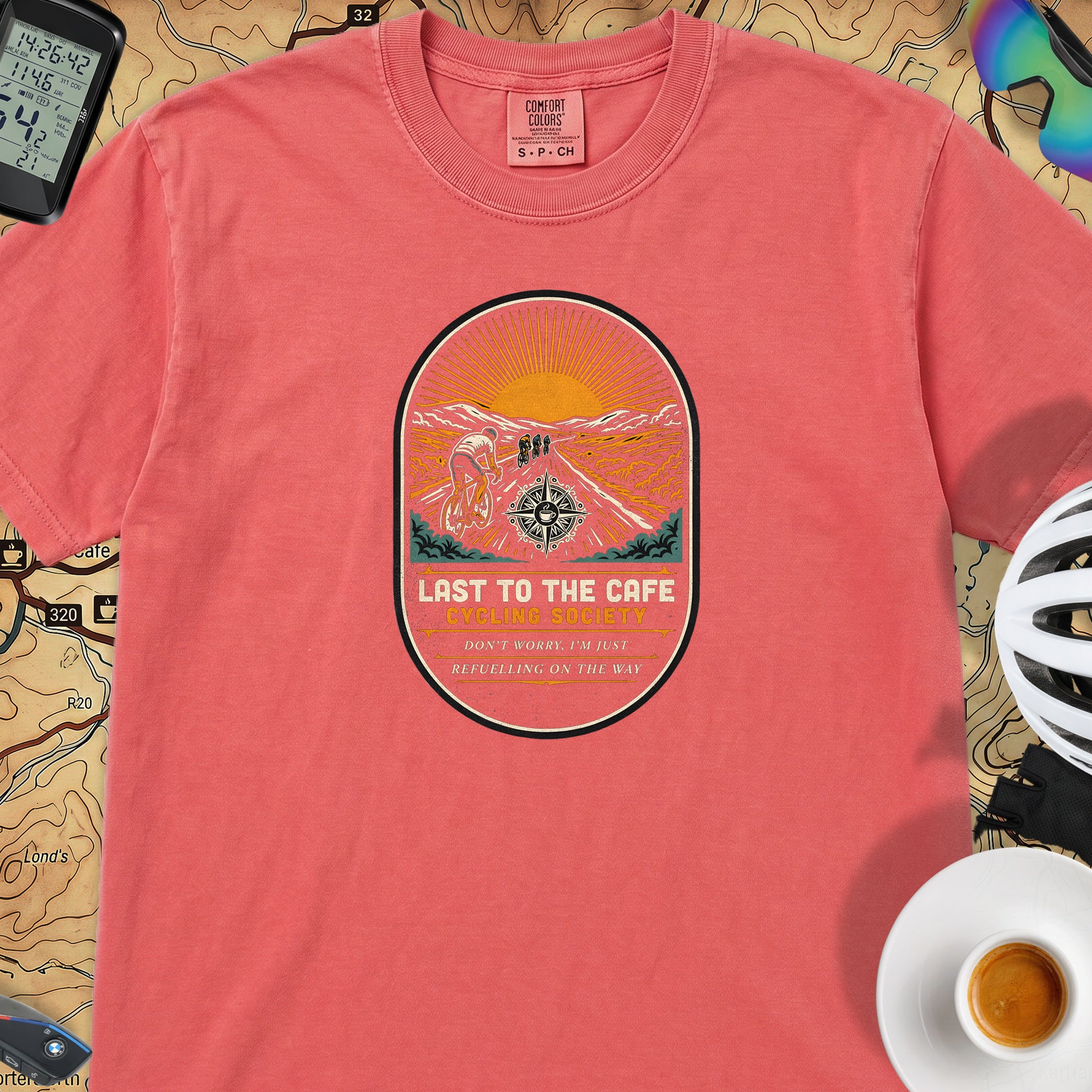 Last to the Café Cyclist T-Shirt — Watermelon